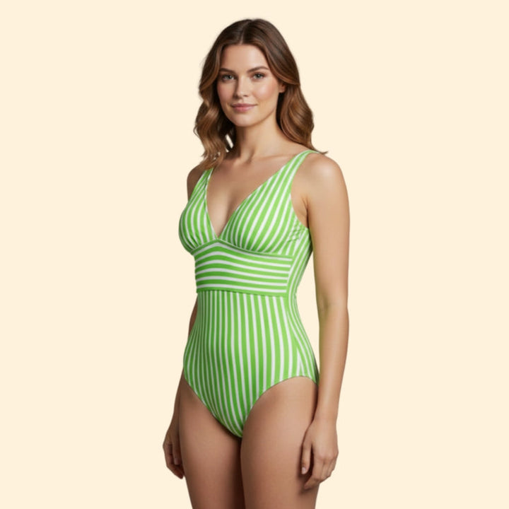 Women’s Striped Swimsuit with Deep V Neck