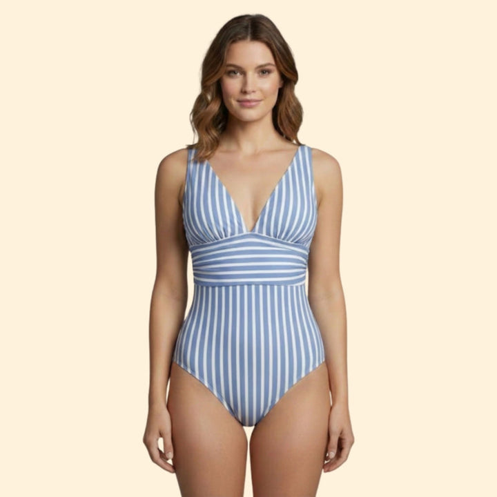 Women’s Striped Swimsuit with Deep V Neck