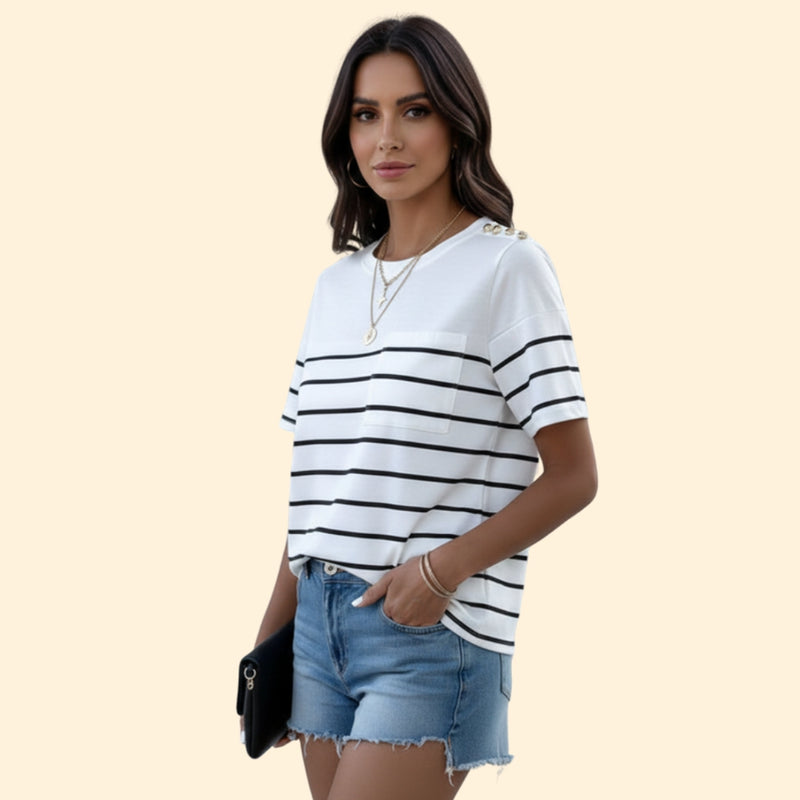 Women’s Striped T-Shirt with Chic Shoulder Accents