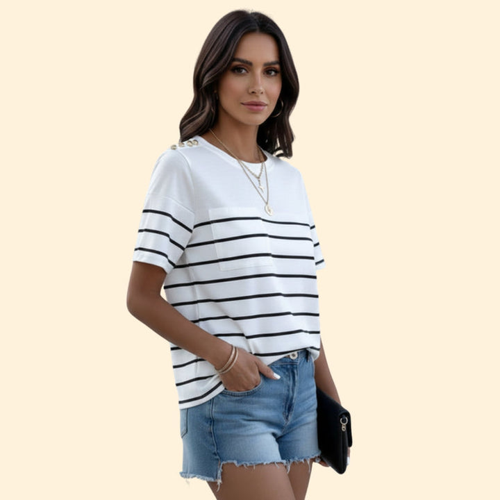 Women’s Striped T-Shirt with Chic Shoulder Accents