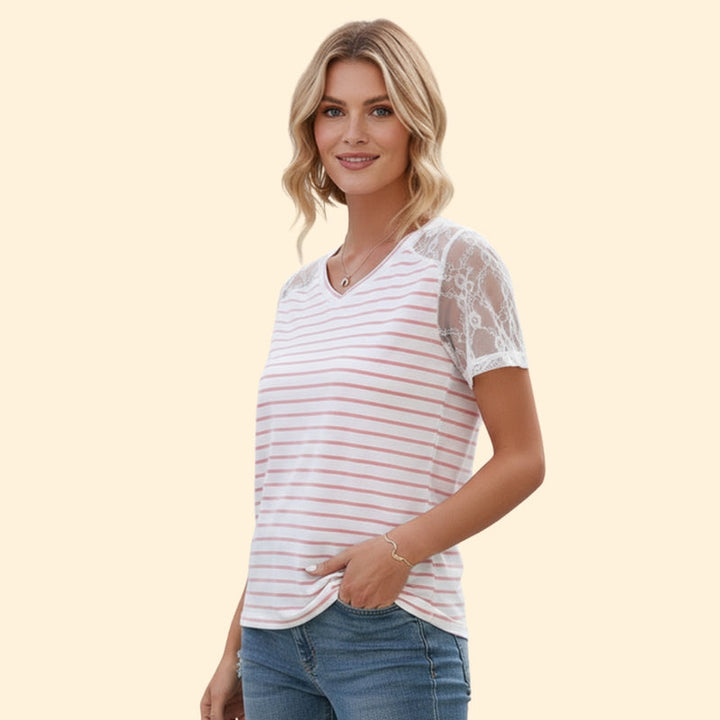 Women’s Striped T-Shirt with Lace Sleeves