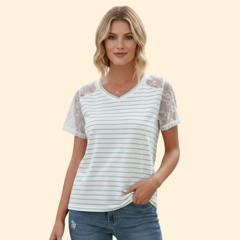 Women’s Striped T-Shirt with Lace Sleeves