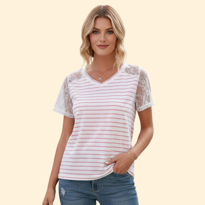 Women’s Striped T-Shirt with Lace Sleeves
