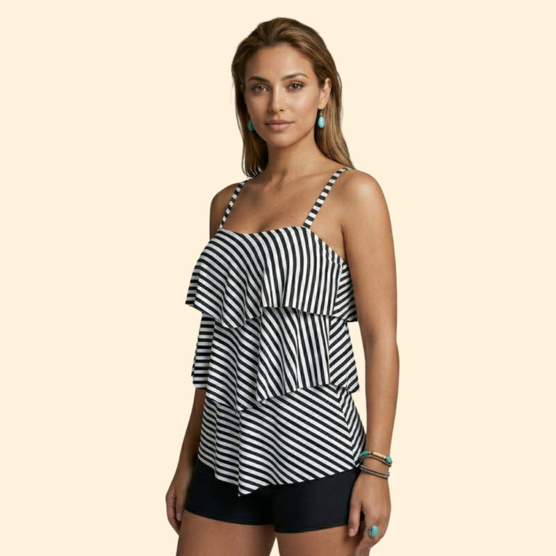 Women’s Striped Tankini Set with Ruffled Layers