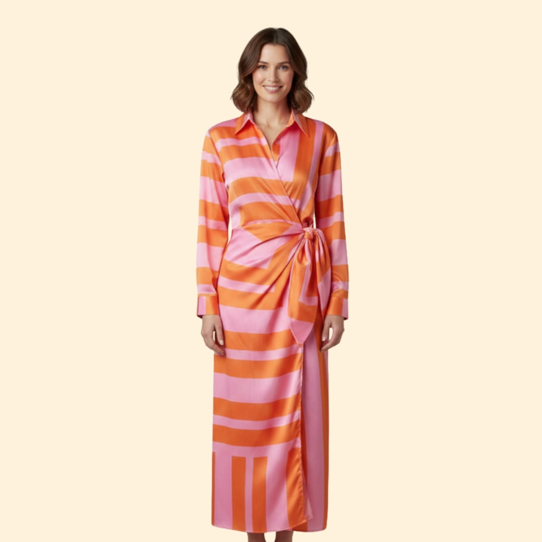 Women’s Striped Wrap Dress Button Detail