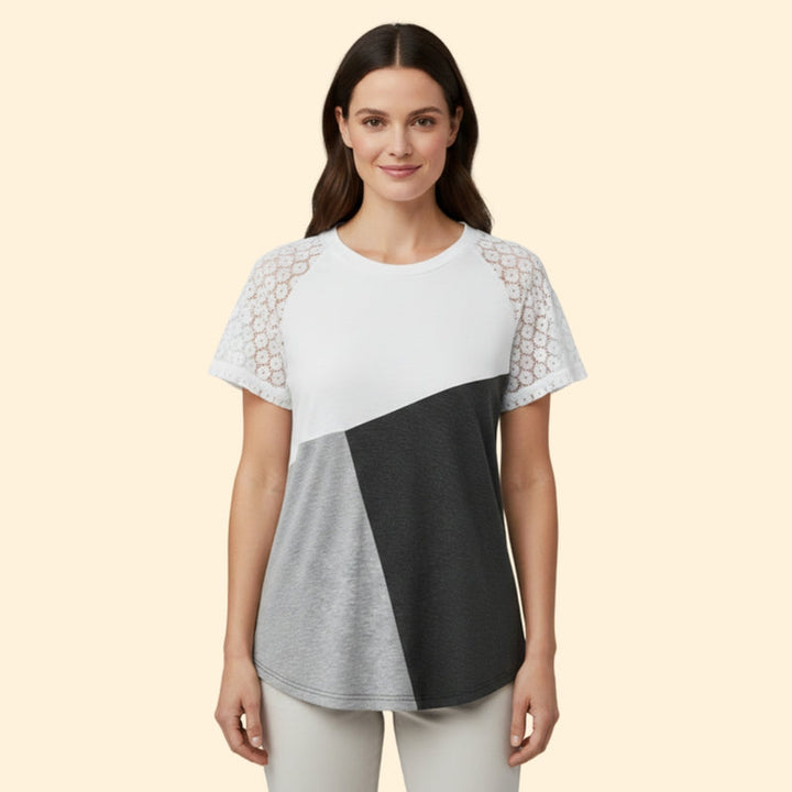 Women’s T-Shirt with Lace Sleeves and Color Block Design