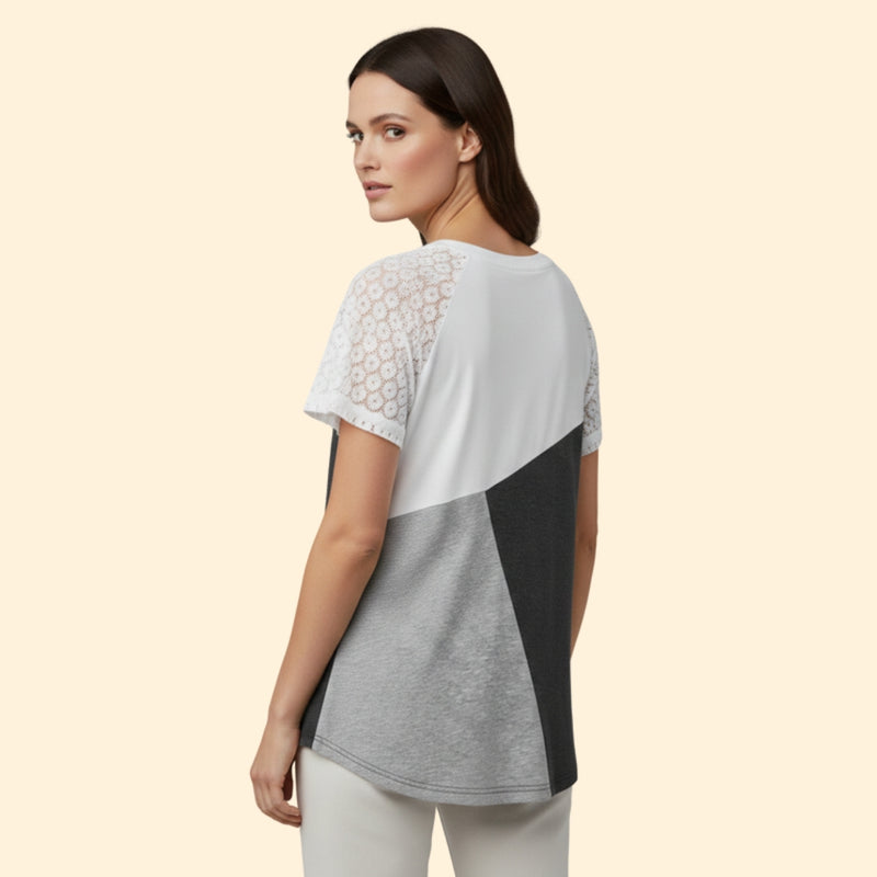 Women’s T-Shirt with Lace Sleeves and Color Block Design