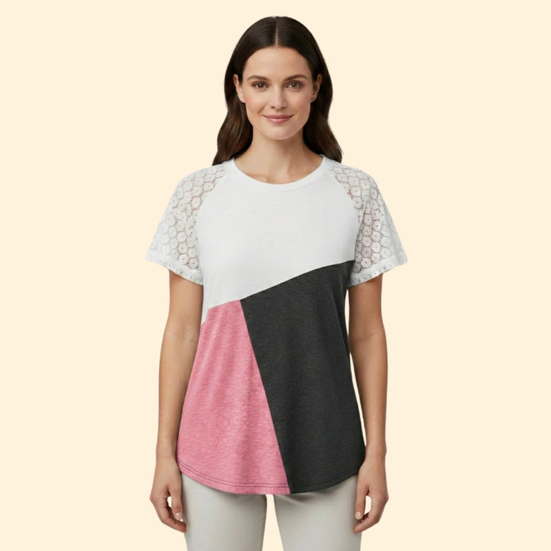 Women’s T-Shirt with Lace Sleeves and Color Block Design