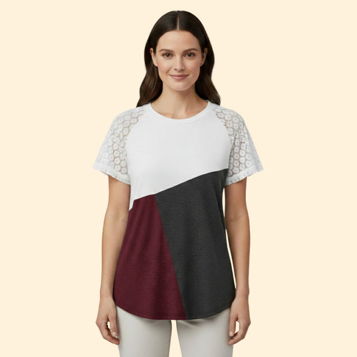 Women’s T-Shirt with Lace Sleeves and Color Block Design