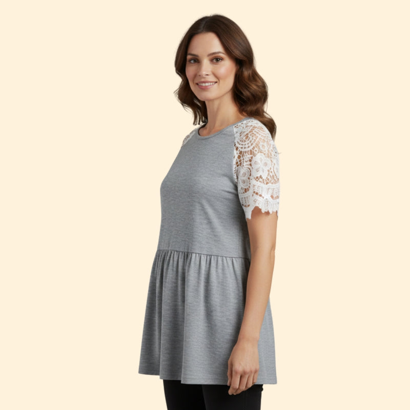 Women’s T-Shirt with Lace Sleeves and Gathered Waist