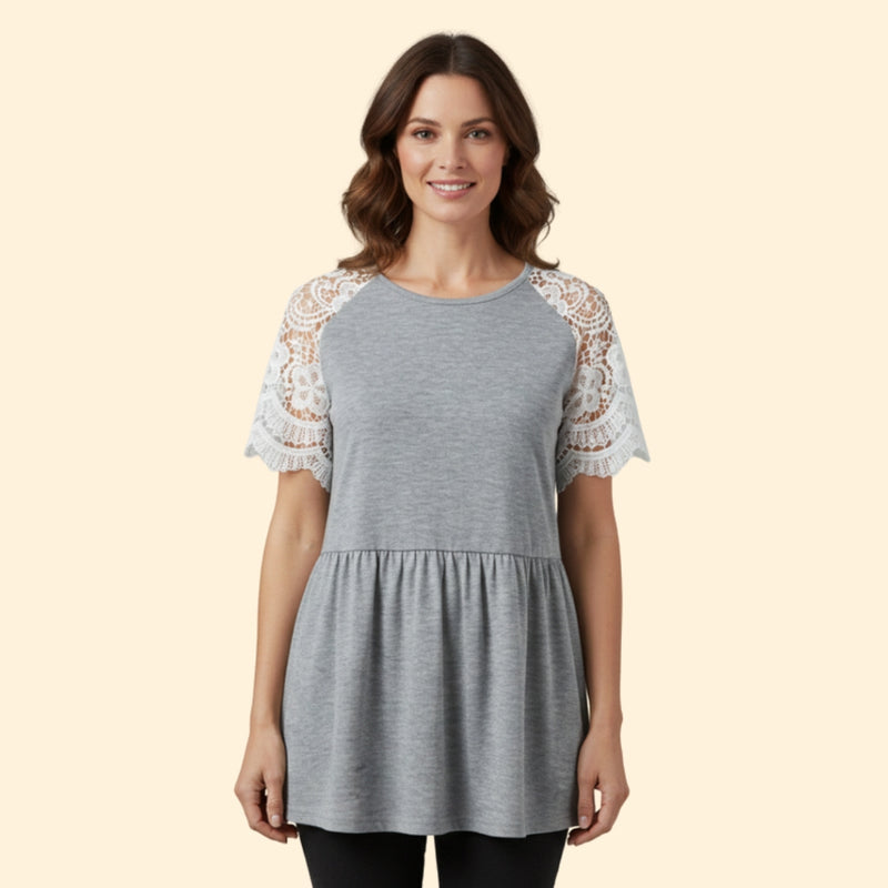 Women’s T-Shirt with Lace Sleeves and Gathered Waist