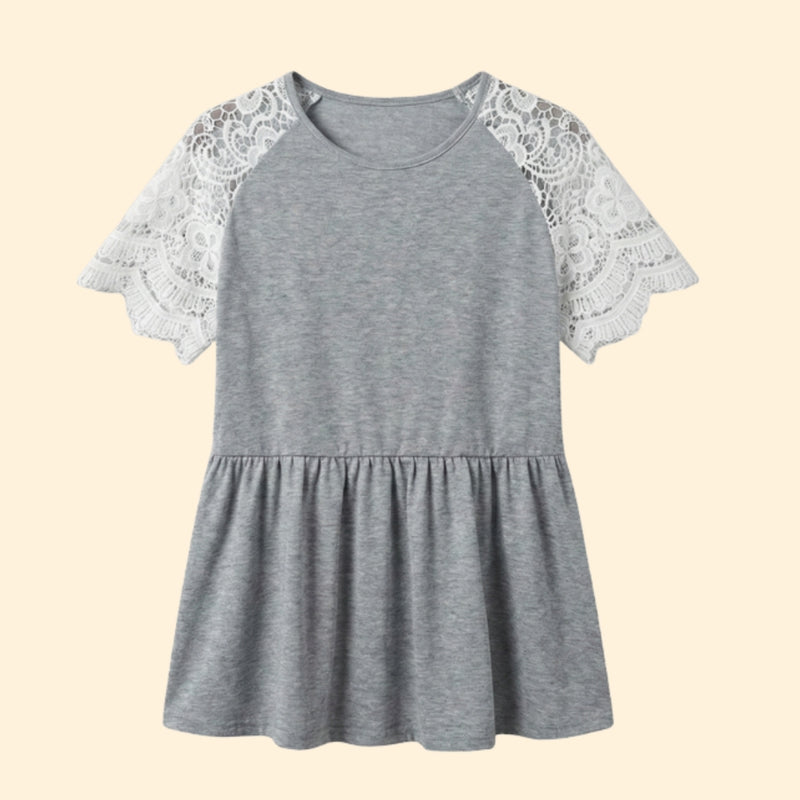 Women’s T-Shirt with Lace Sleeves and Gathered Waist