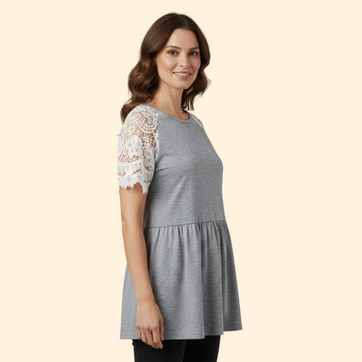 Women’s T-Shirt with Lace Sleeves and Gathered Waist