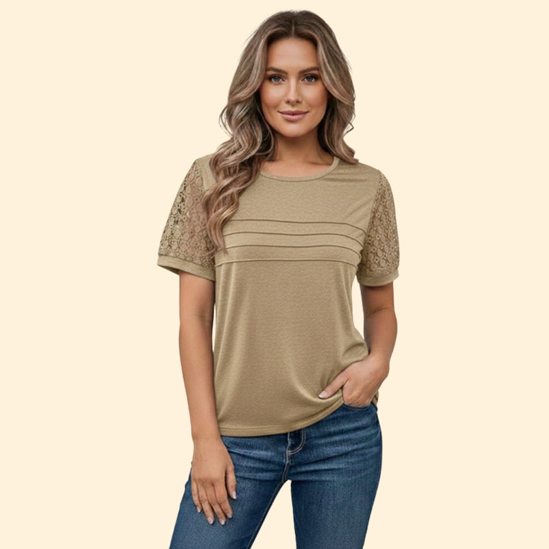 Women’s T-Shirt with Pleated Design and Lace Sleeves