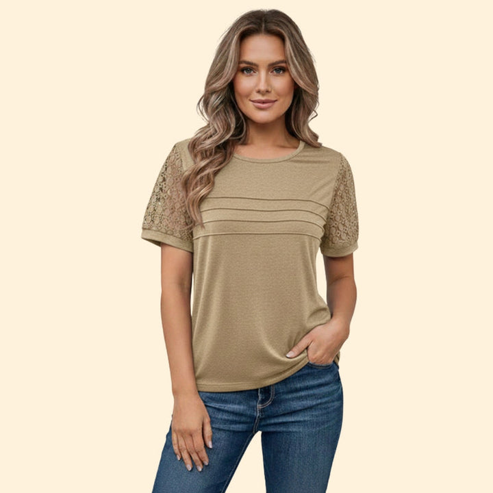 Women’s T-Shirt with Pleated Design and Lace Sleeves