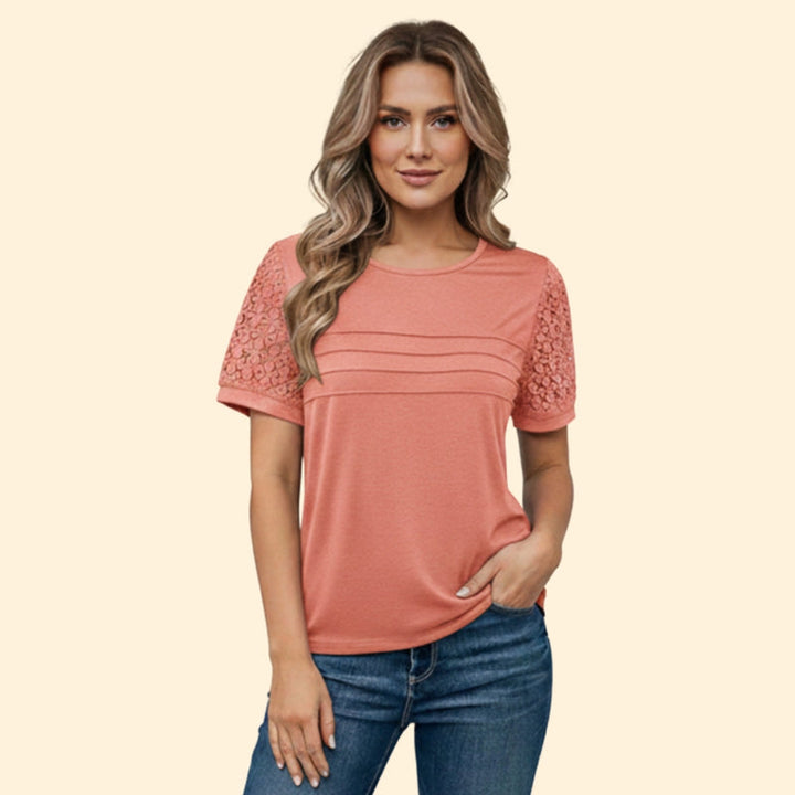 Women’s T-Shirt with Pleated Design and Lace Sleeves