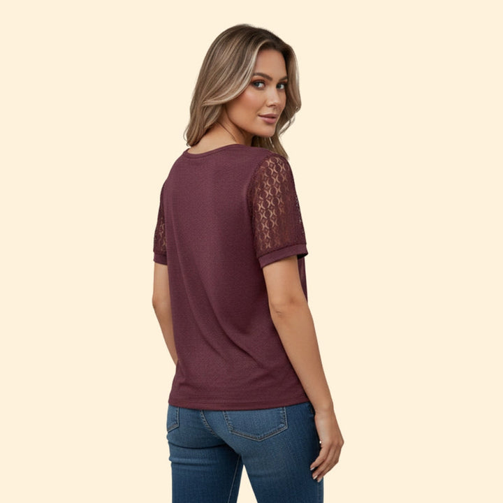 Women’s T-Shirt with Pleated Design and Lace Sleeves