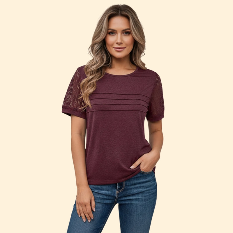 Women’s T-Shirt with Pleated Design and Lace Sleeves