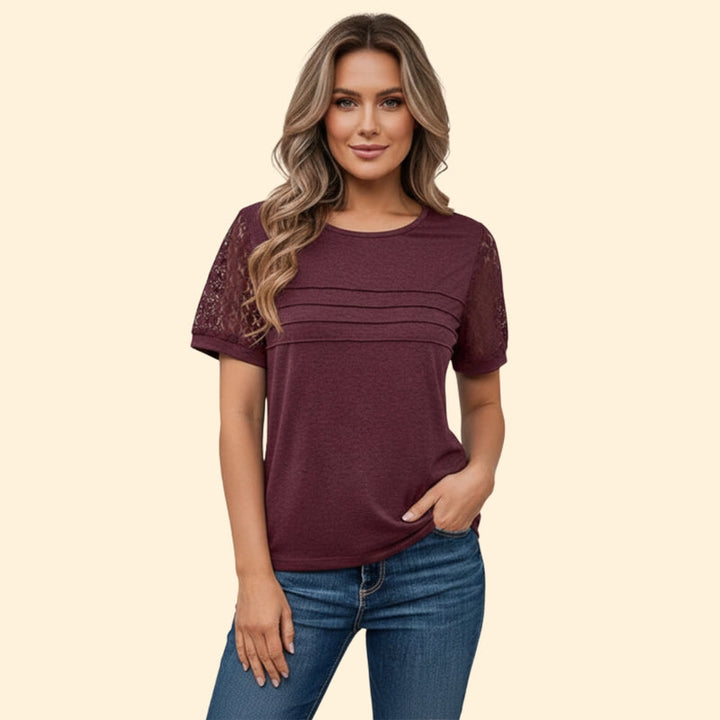 Women’s T-Shirt with Pleated Design and Lace Sleeves