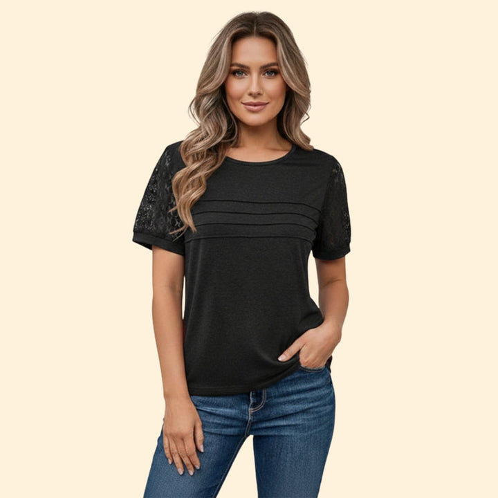 Women’s T-Shirt with Pleated Design and Lace Sleeves