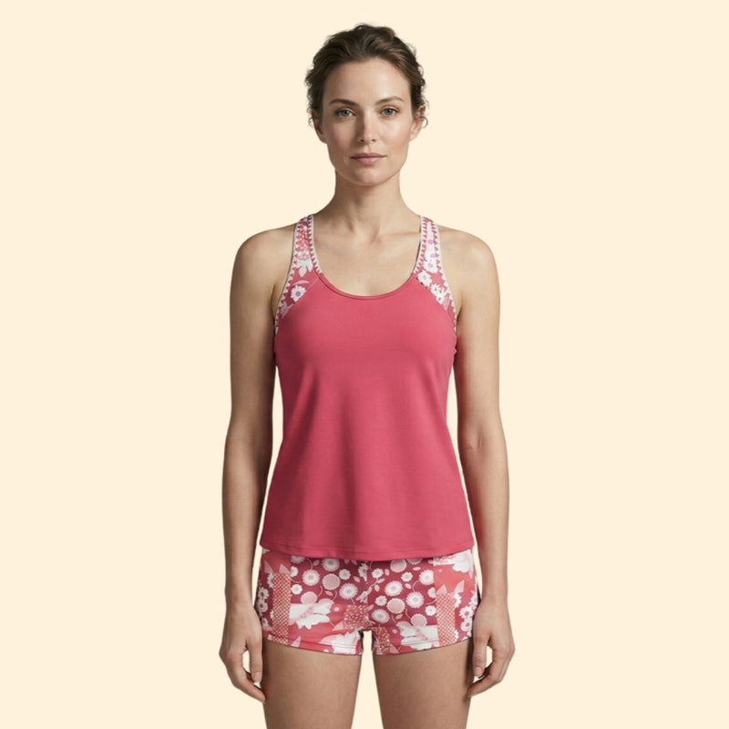 Women’s Tankini Set with Contrast Straps and Floral Design