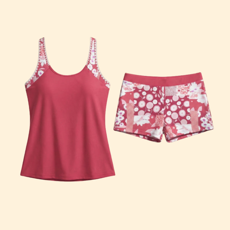 Women’s Tankini Set with Contrast Straps and Floral Design