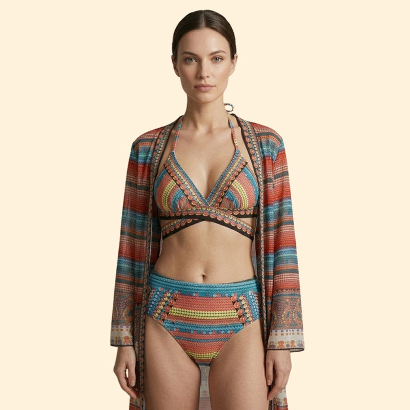 Women’s Three-Piece Bikini Set with Crochet Design