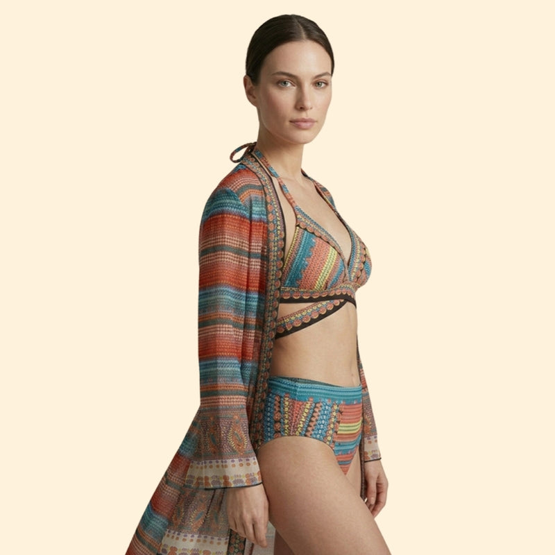 Women’s Three-Piece Bikini Set with Crochet Design