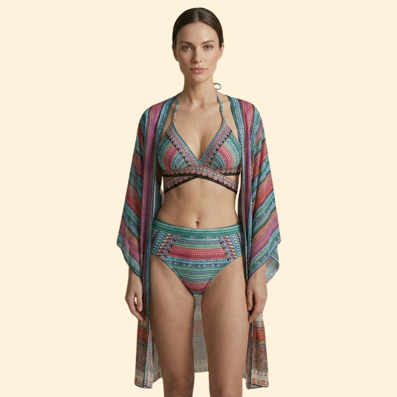 Women’s Three-Piece Bikini Set with Crochet Design