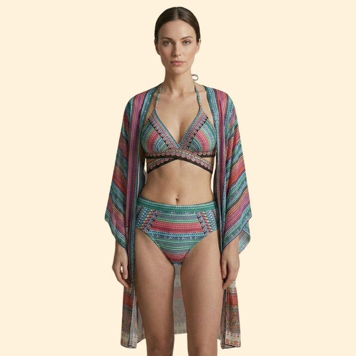 Women’s Three-Piece Bikini Set with Crochet Design