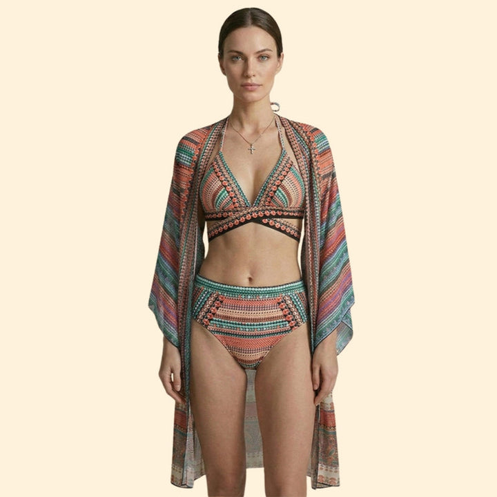 Women’s Three-Piece Bikini Set with Crochet Design