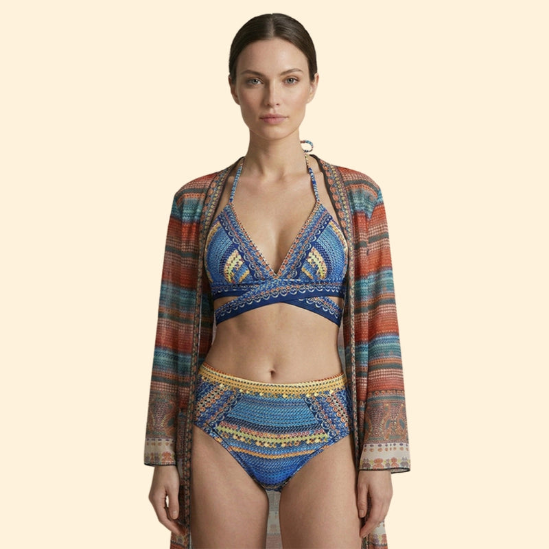 Women’s Three-Piece Bikini Set with Crochet Design