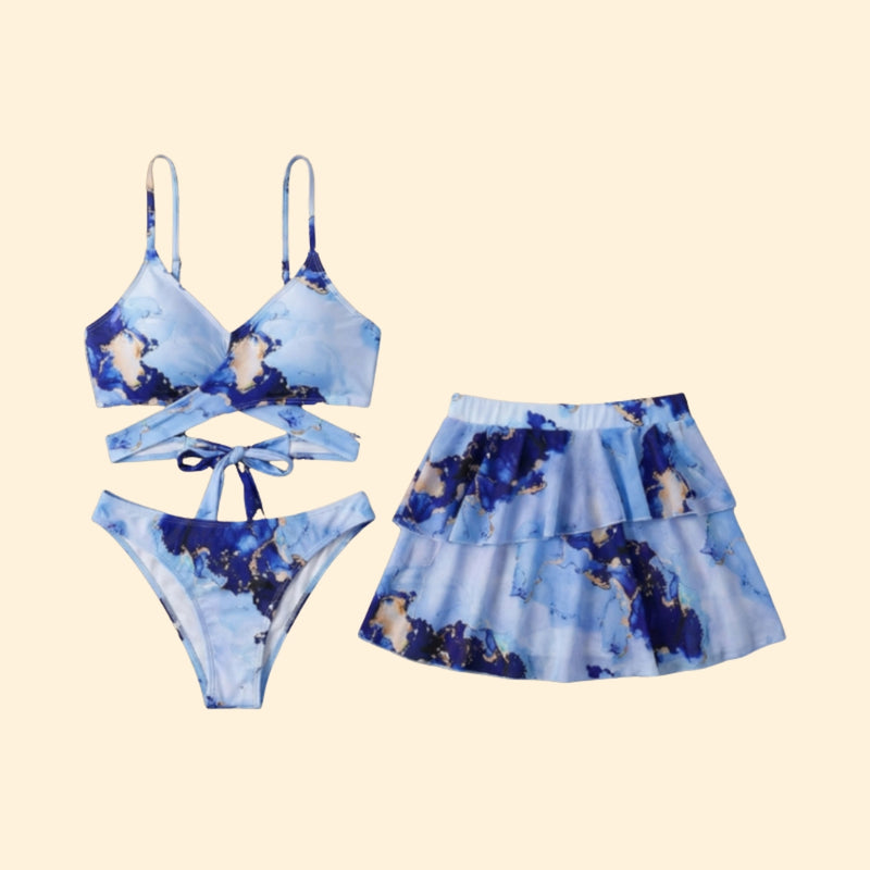 Women’s Three-Piece Bikini Set with Tiered Skirt