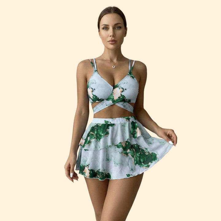 Women’s Three-Piece Bikini Set with Tiered Skirt