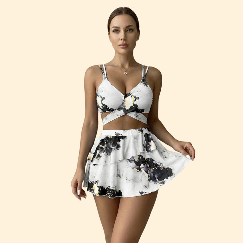Women’s Three-Piece Bikini Set with Tiered Skirt