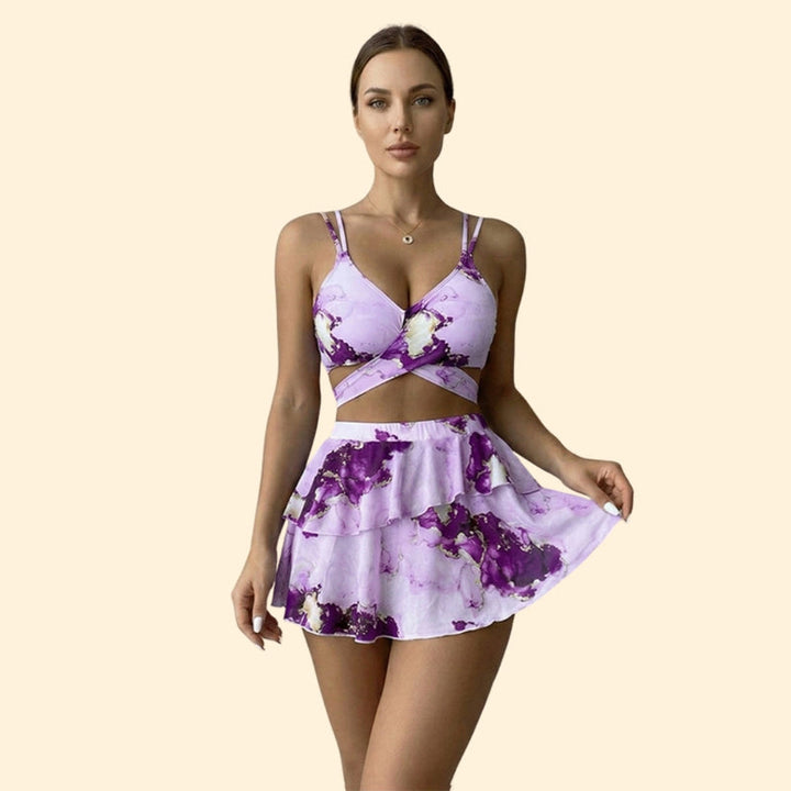 Women’s Three-Piece Bikini Set with Tiered Skirt