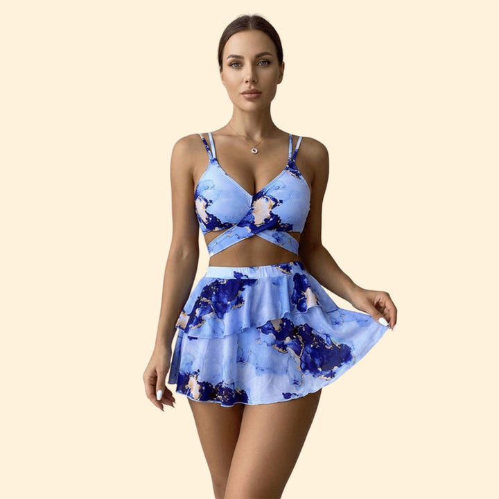 Women’s Three-Piece Bikini Set with Tiered Skirt
