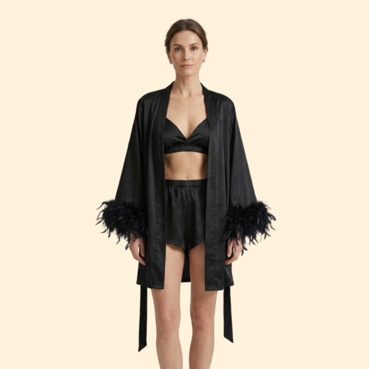 Women’s Three Piece Set with Feather Trim Sleeves