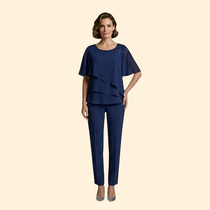Women's Trouser Set with Short Flutter Sleeves