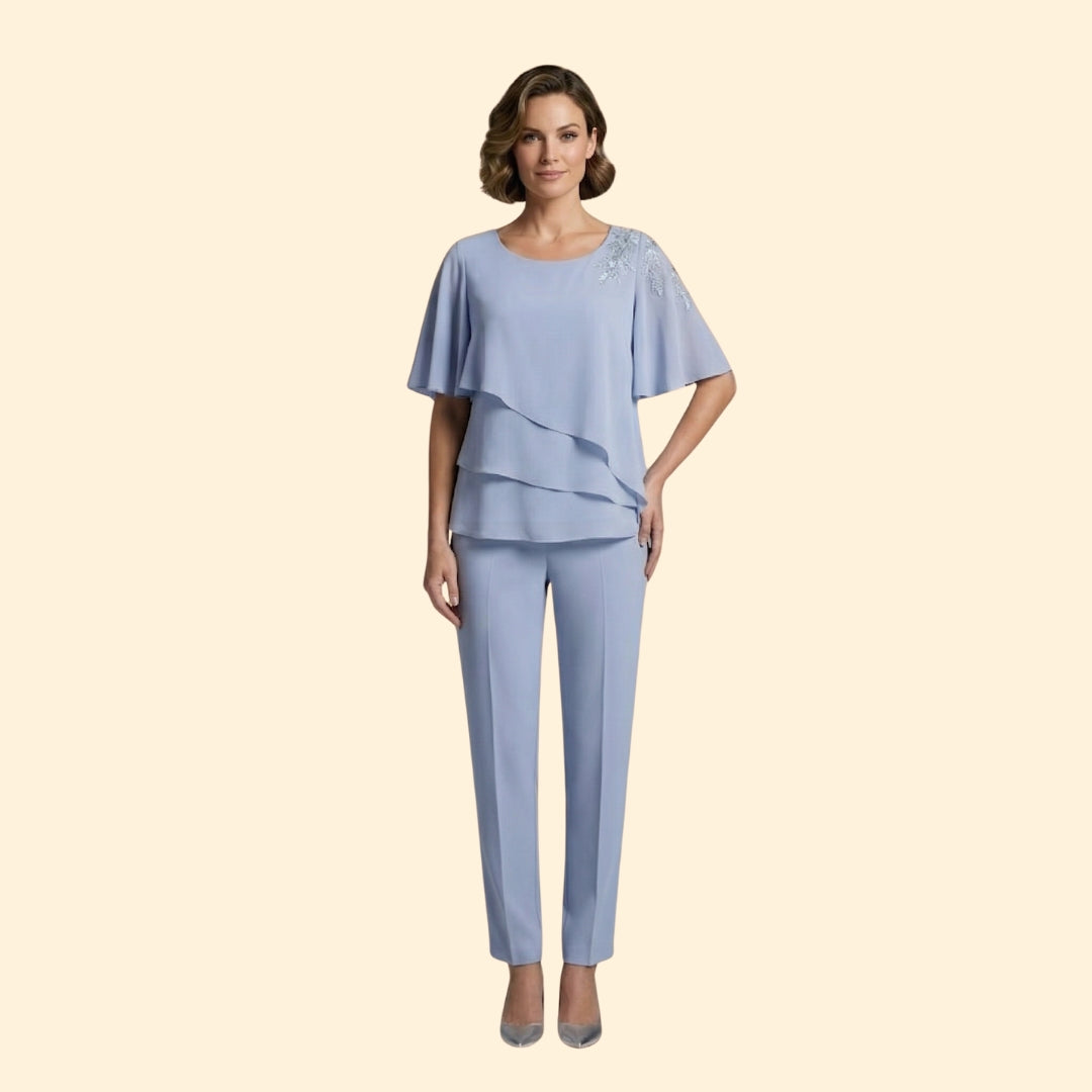 Women's Trouser Set with Short Flutter Sleeves