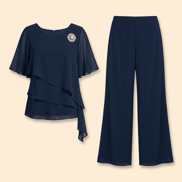 Women's Trouser Set with Short Flutter Sleeves