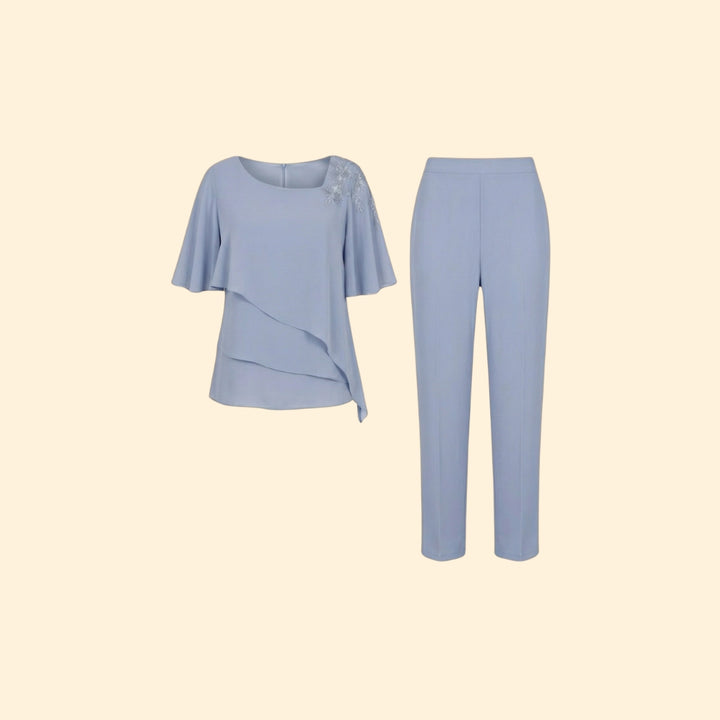 Women's Trouser Set with Short Flutter Sleeves
