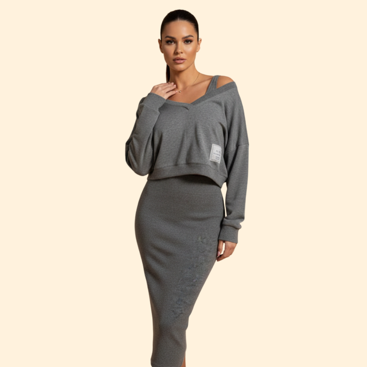 Women's Two-Piece Dress Set with Loose Top and Bodycon Skirt