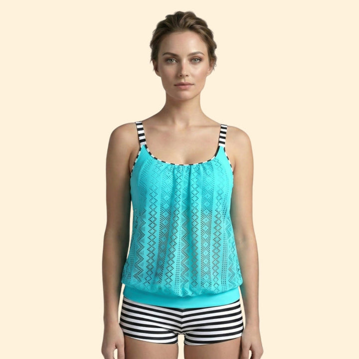 Women’s Two-Piece Tankini Set with Lace Patterned Top