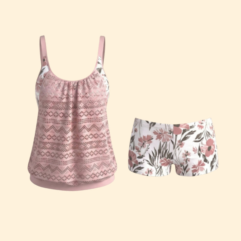 Women’s Two-Piece Tankini Set with Lace Patterned Top