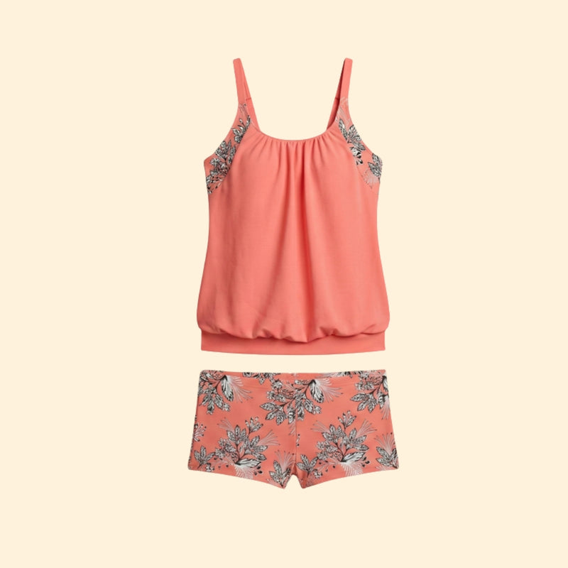Women’s Two-Piece Tankini with Tropical Print Shorts