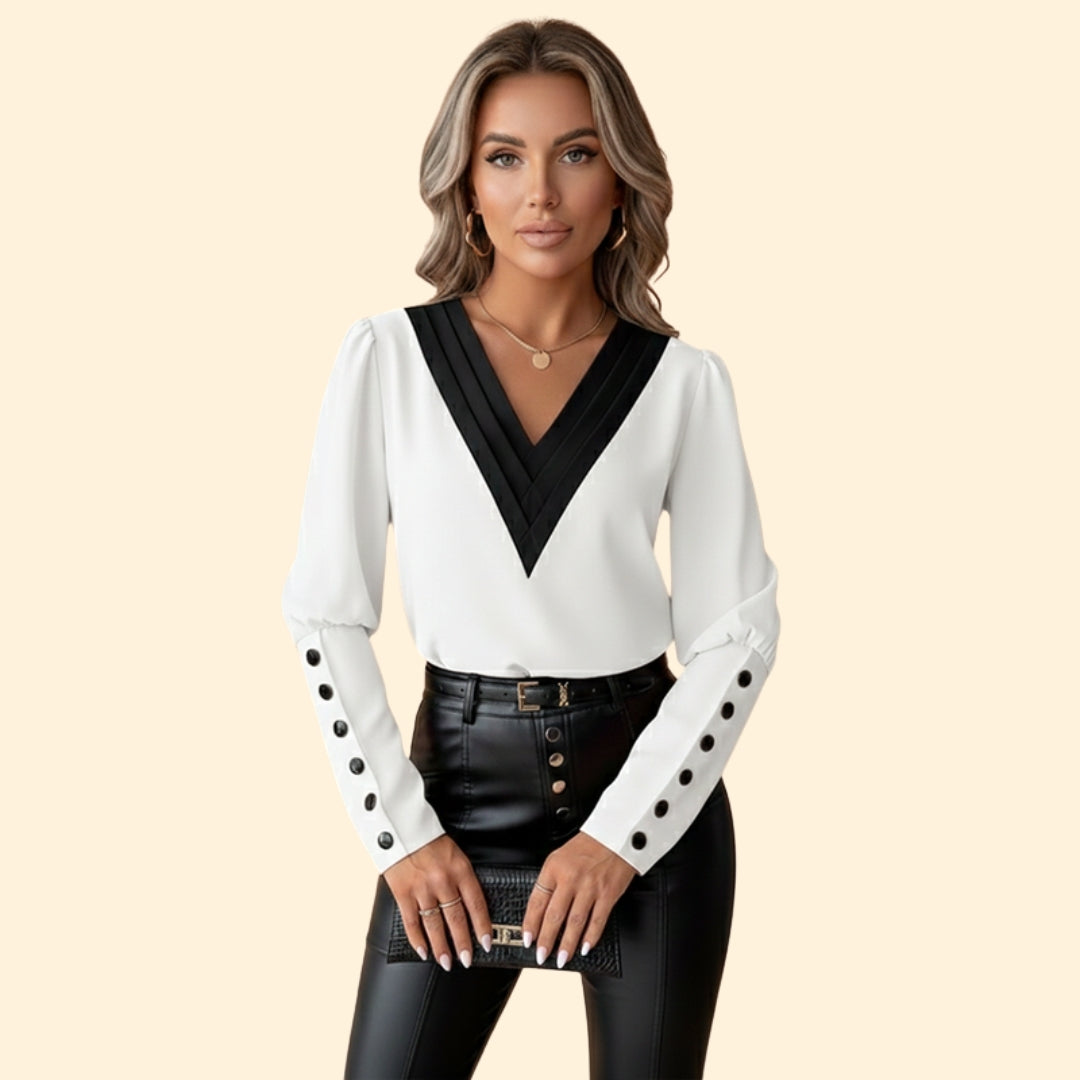 Women’s V-Neck Blouse with Color Block Detail