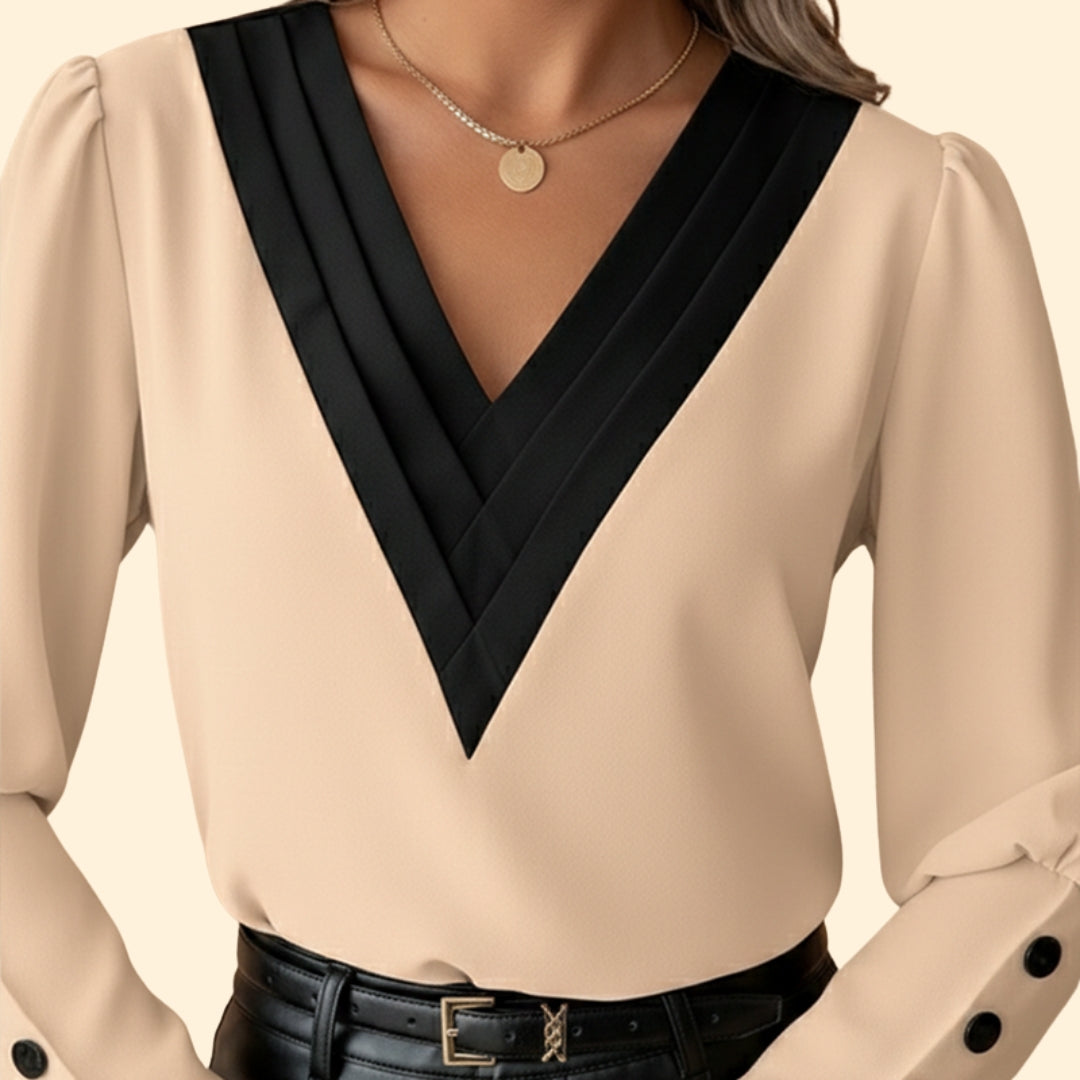 Women’s V-Neck Blouse with Color Block Detail