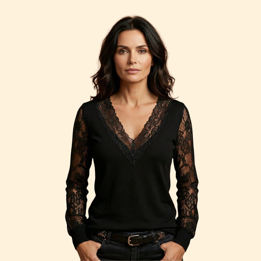 Women's V-Neck Blouse with Lace Sleeves