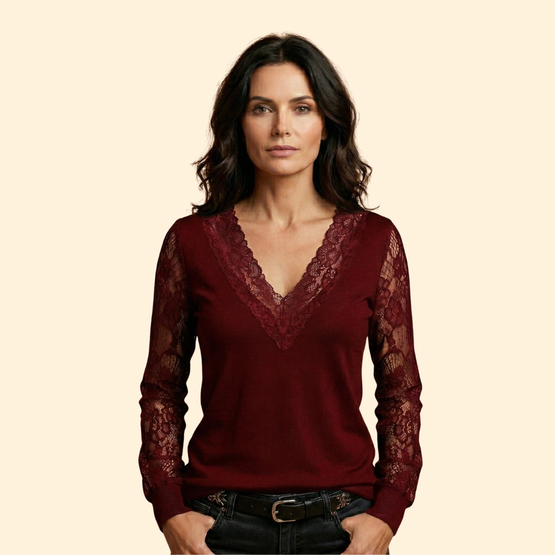 Women's V-Neck Blouse with Lace Sleeves